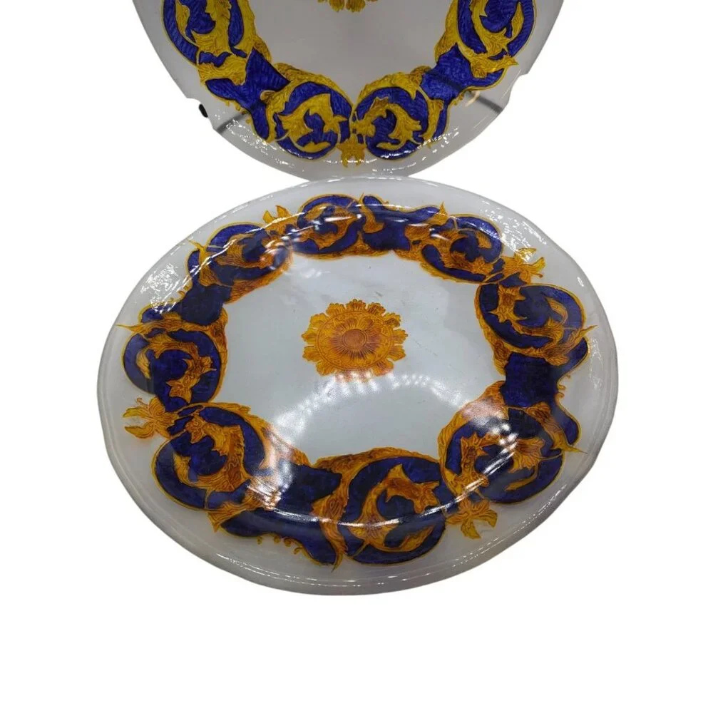 Vintage Singl3 Glass Decorative Plate w Blue Gold Hand Painted Versace Style 14